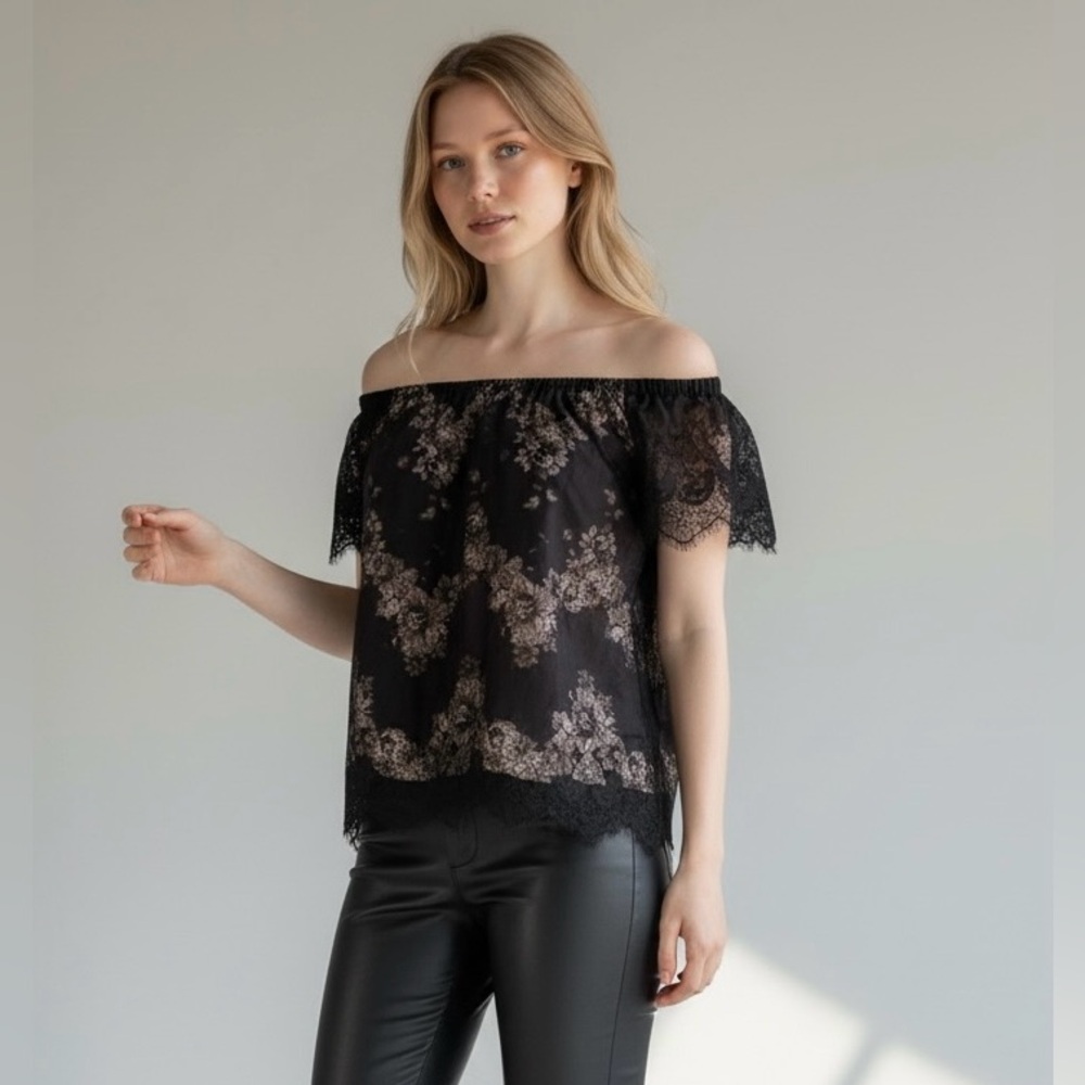 Gold Hawk Womens Floral Black Lace Overlay Short Sleeves Blouse Tan Medium NEW